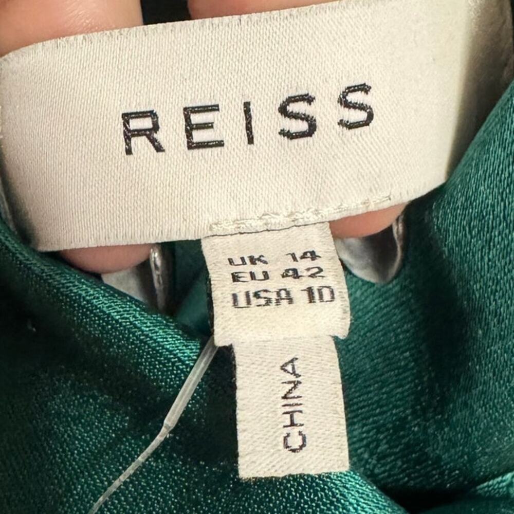Reiss Lola Satin Ruffle Belted Cocktail Dress Emerald Green Sleeveless Size 10 - Picture 8 of 11